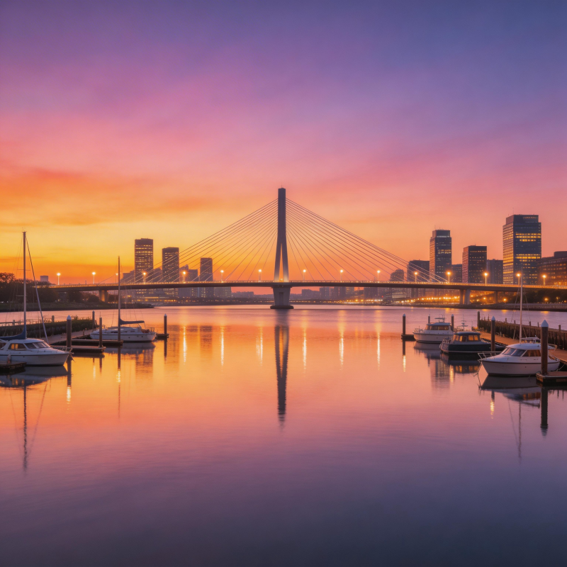 夕阳桥影映水城图片