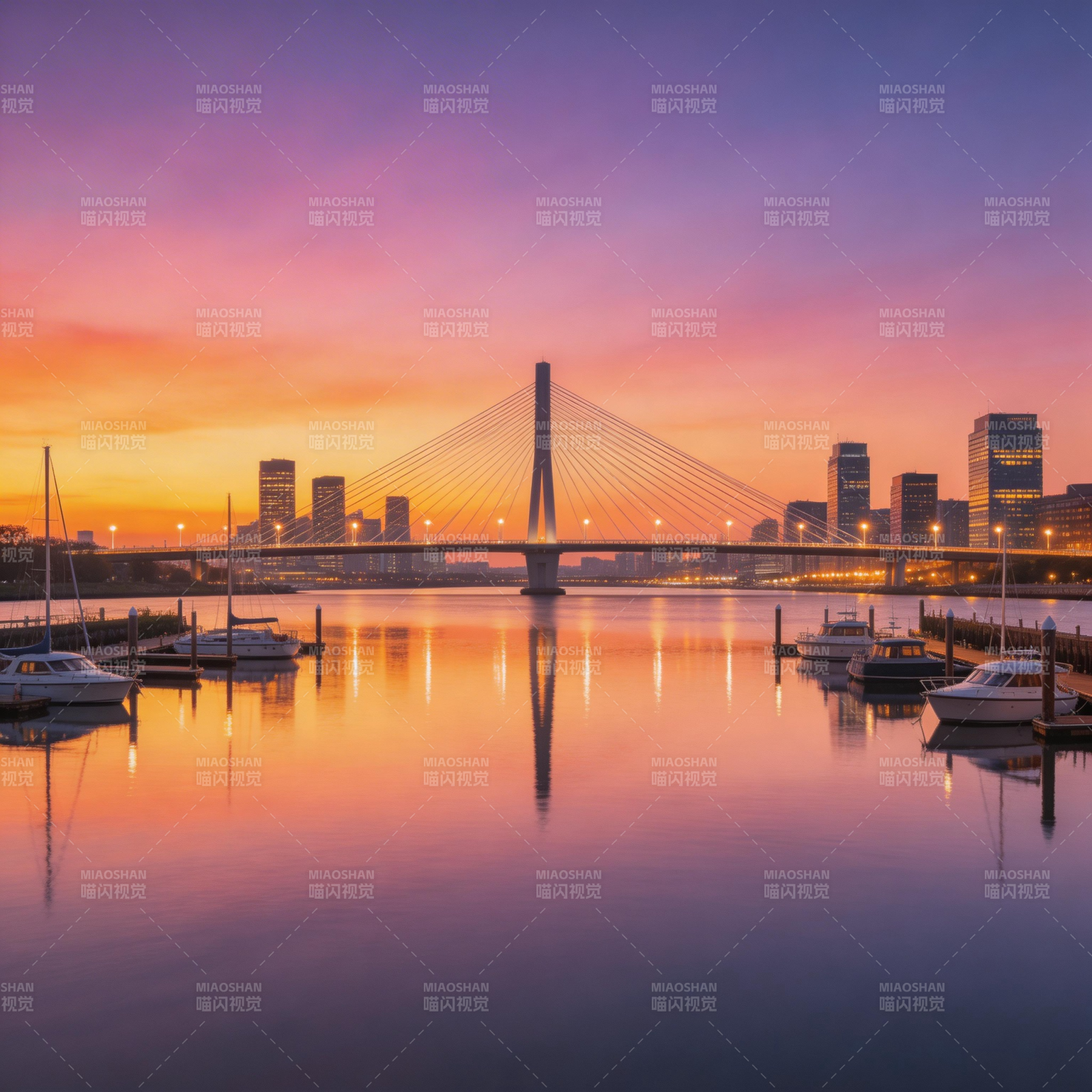 夕阳桥影映水城图片