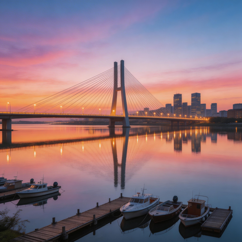 夕阳桥影 舟泊水静城辉图片