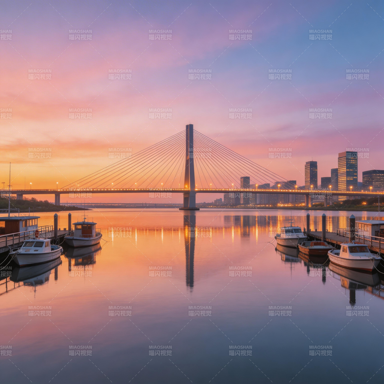 夕阳斜拉桥 水映城影静图片