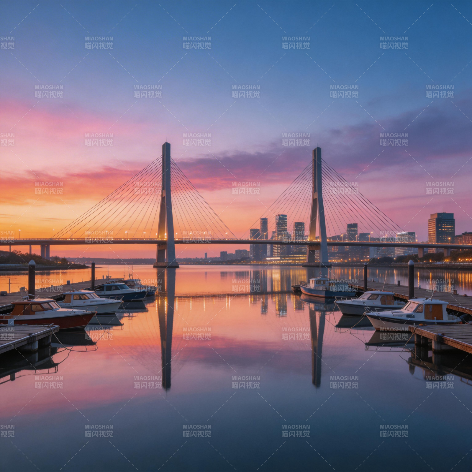 夕阳桥影 水天一色美如画图片