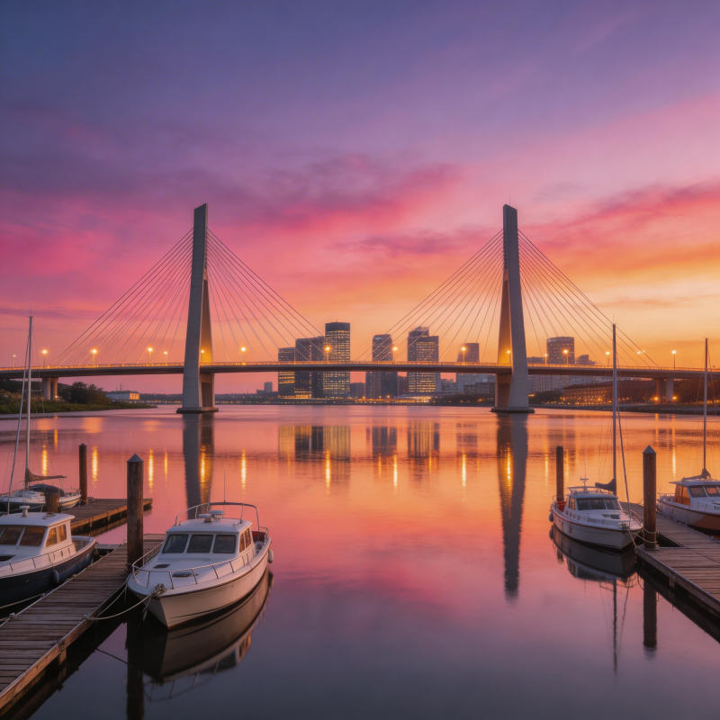 暮色桥影 静泊舟灯图片