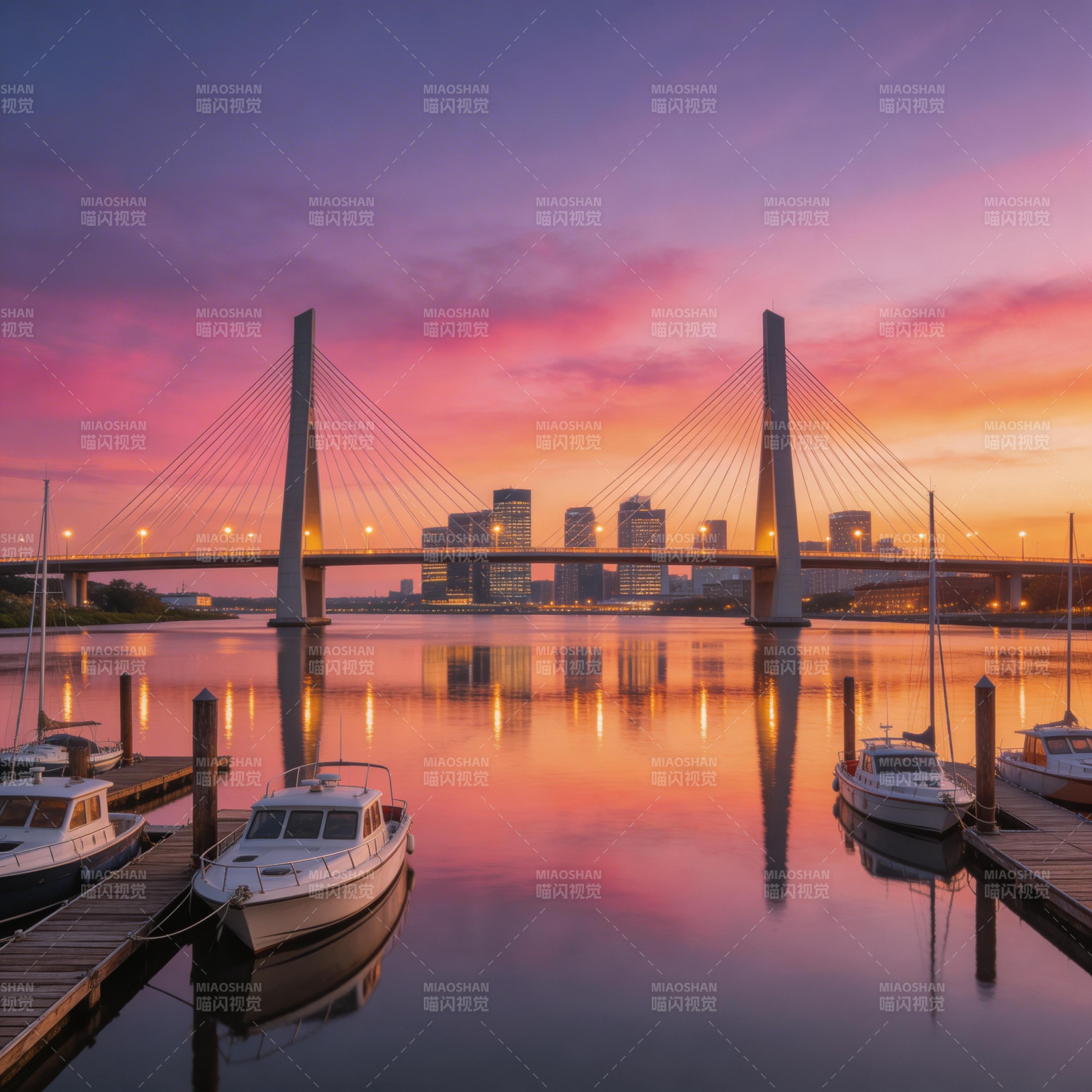 暮色桥影 静泊舟灯图片