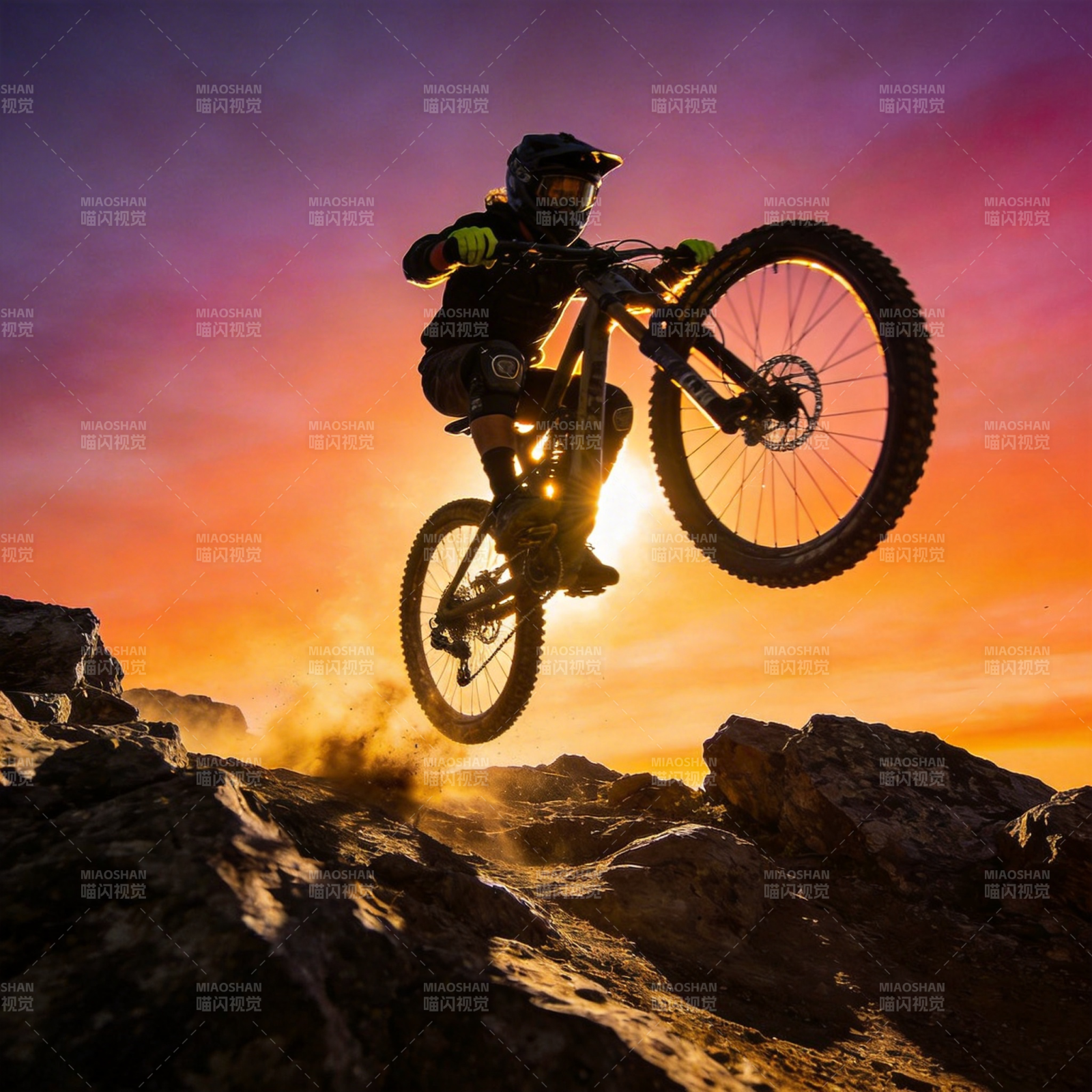 夕阳下山地车飞跃岩石图片