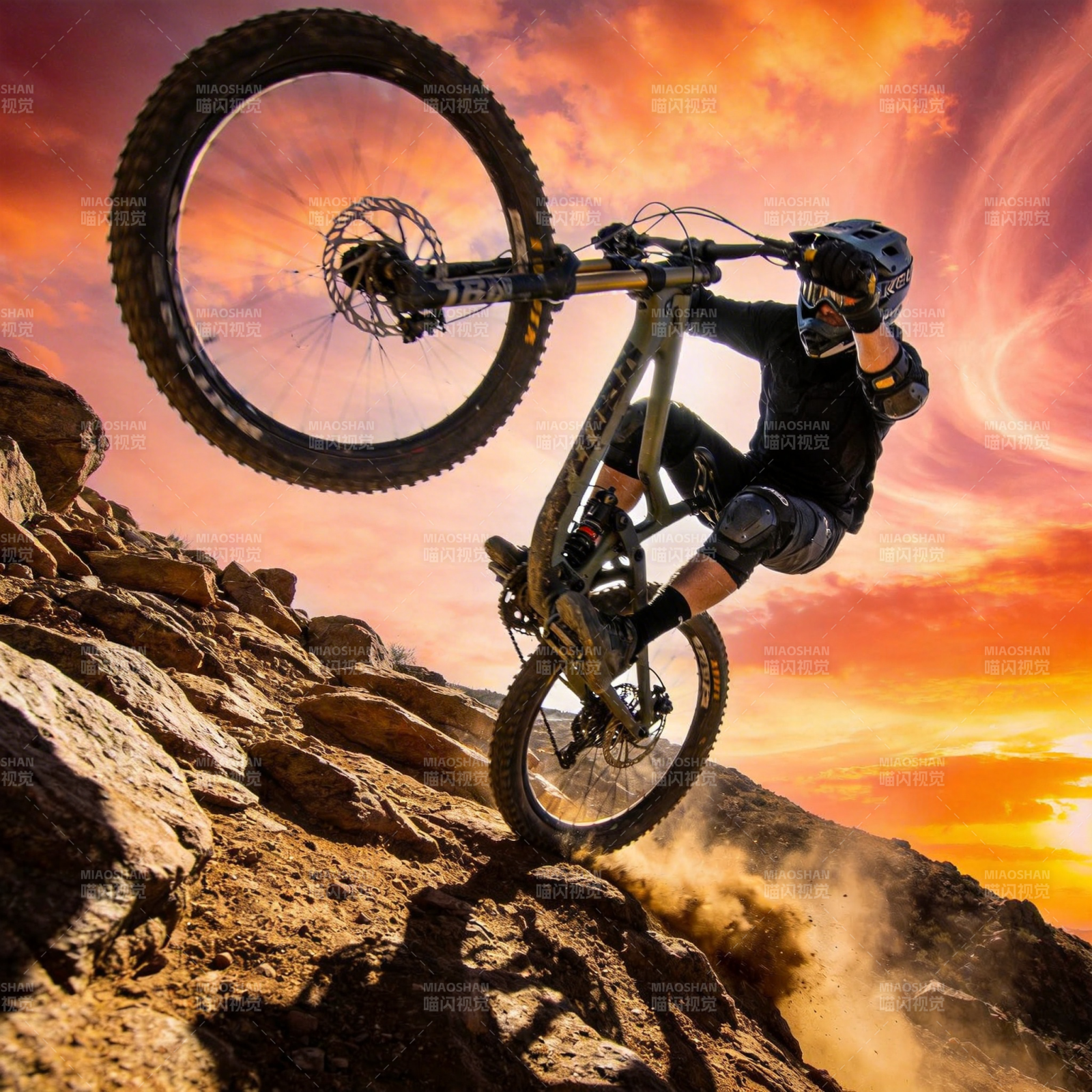 山地车手飞跃岩石夕阳下图片