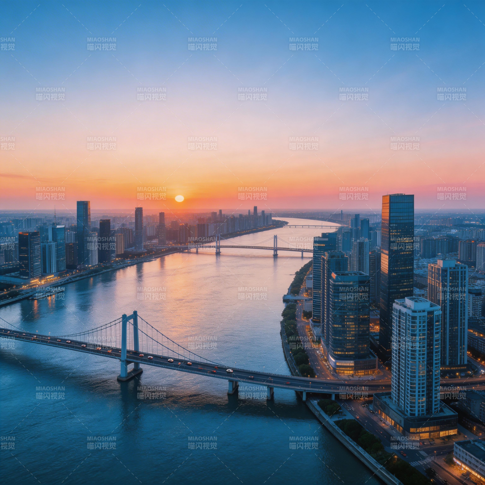 日落江城 桥影映高楼图片