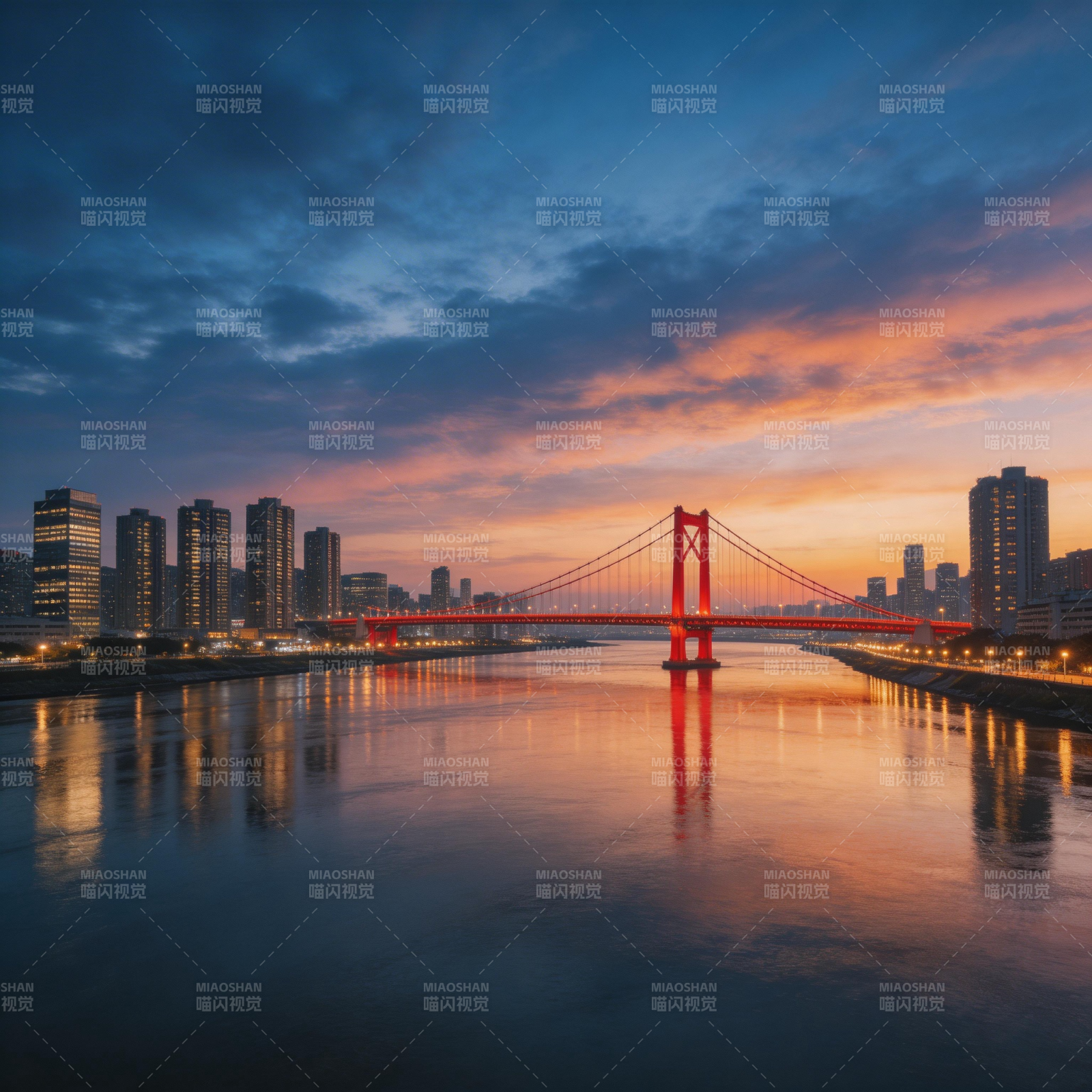 红桥映晚霞 城河共辉煌图片