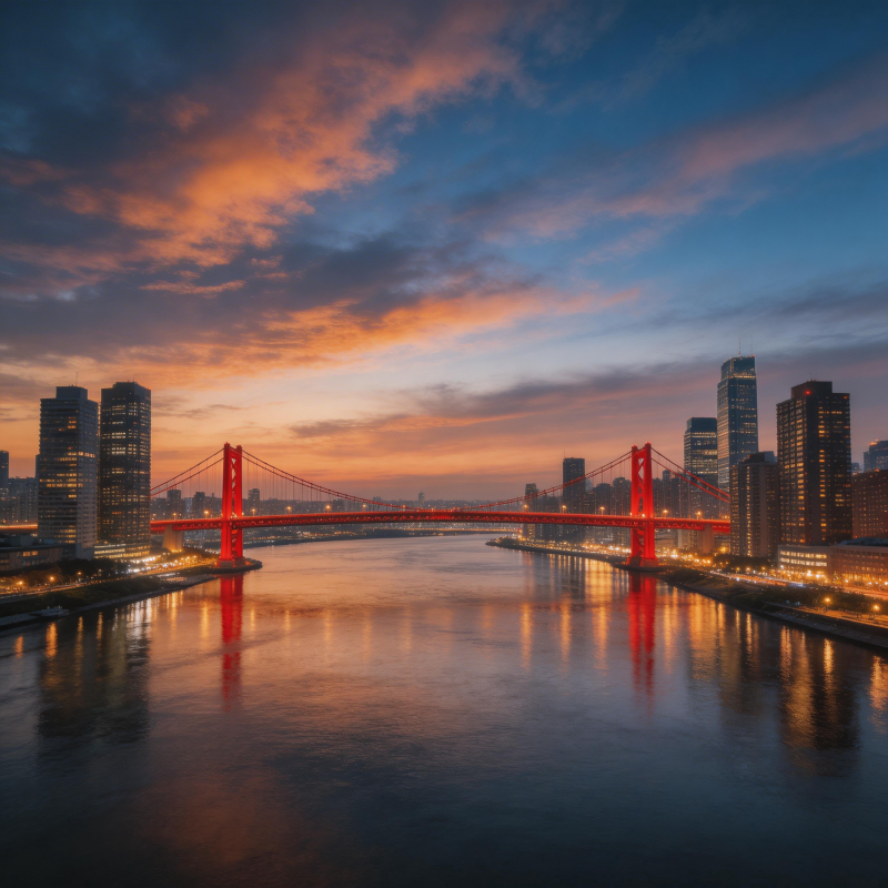 红桥映晚霞 城河共辉煌图片