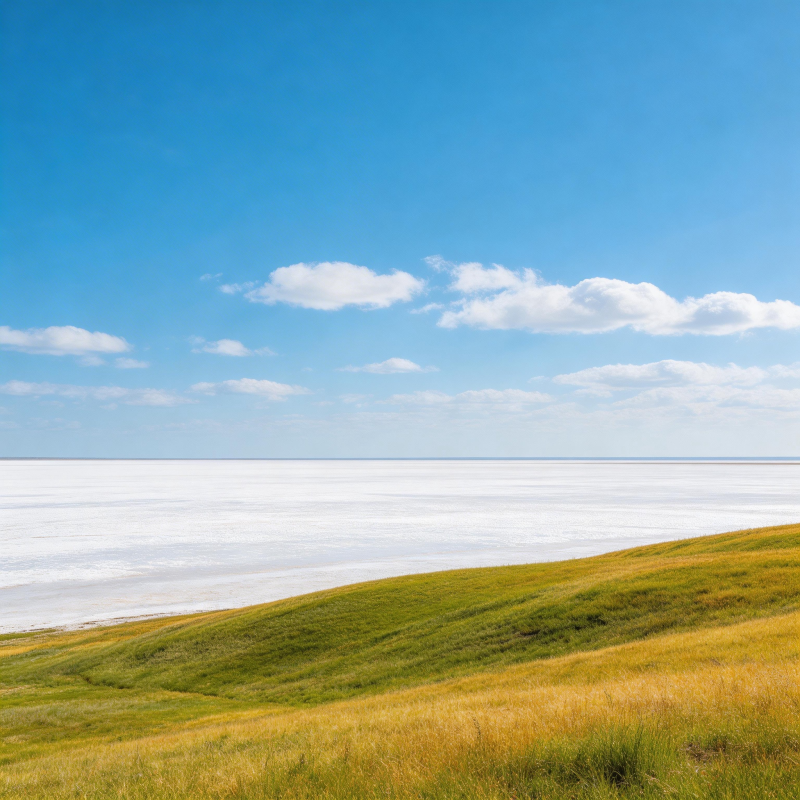 蓝天白盐湖 绿黄草坡美图片