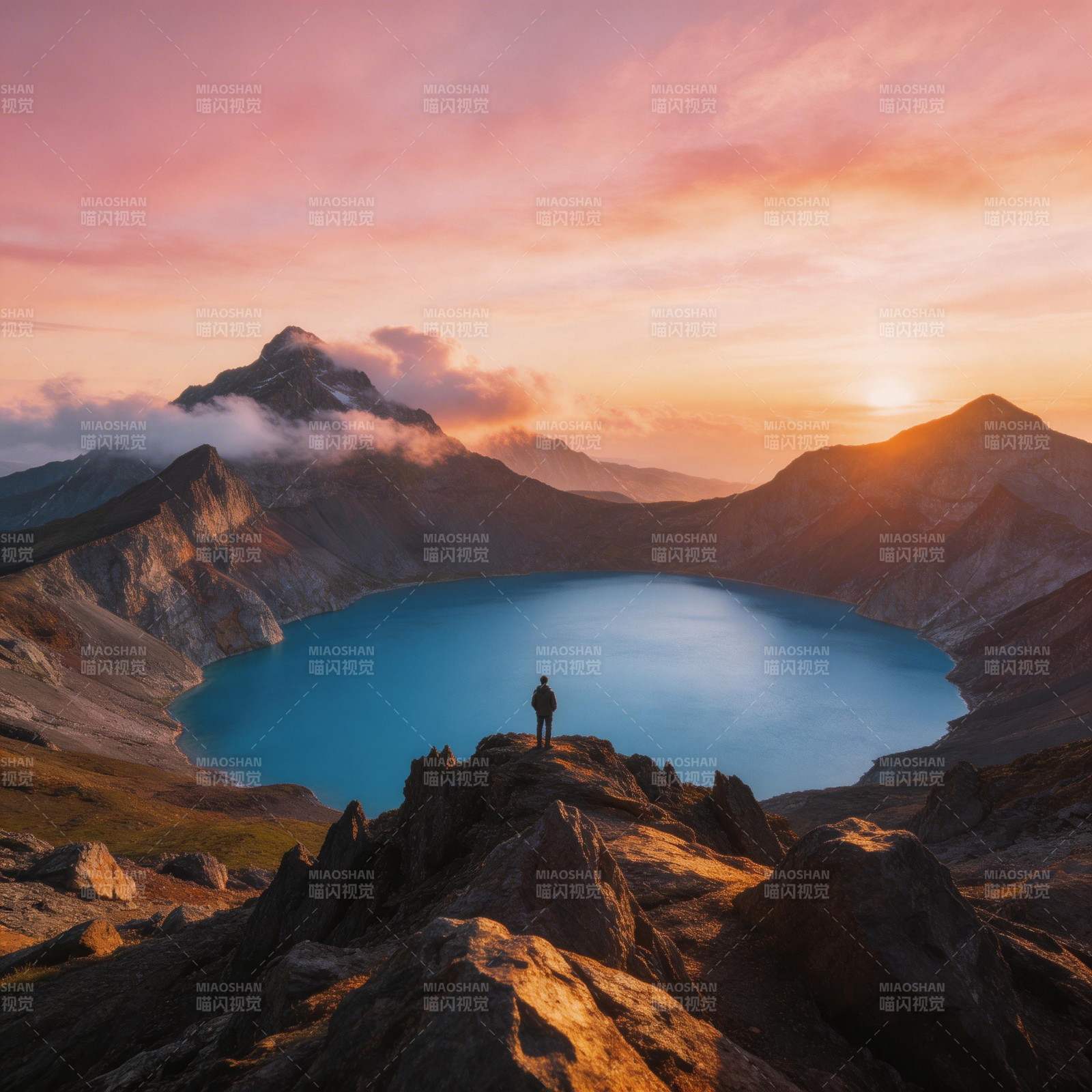山巅观湖 日落熔金图片