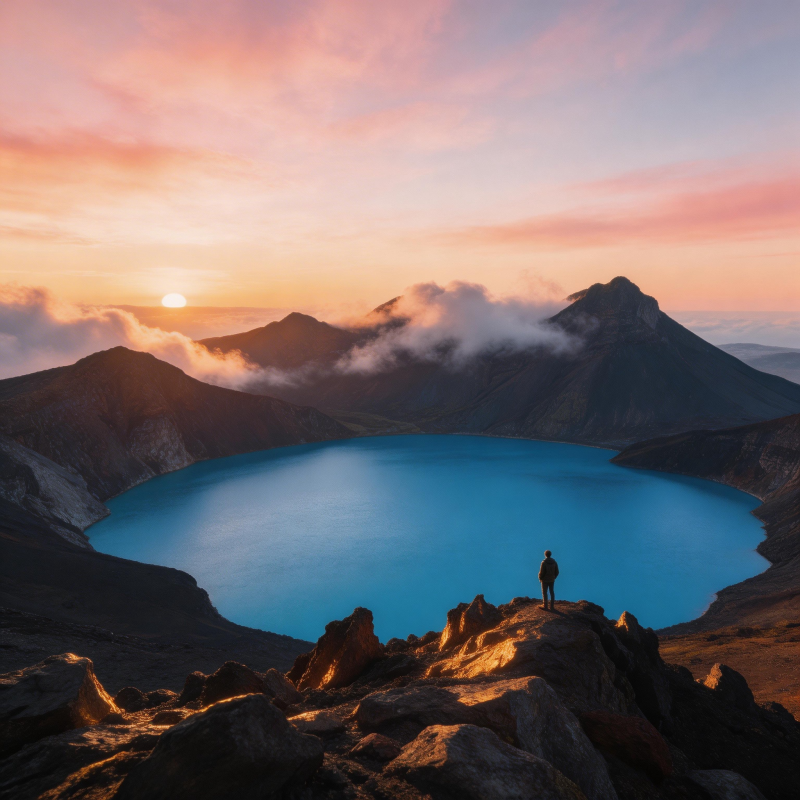 火山湖日落 孤影望苍穹图片