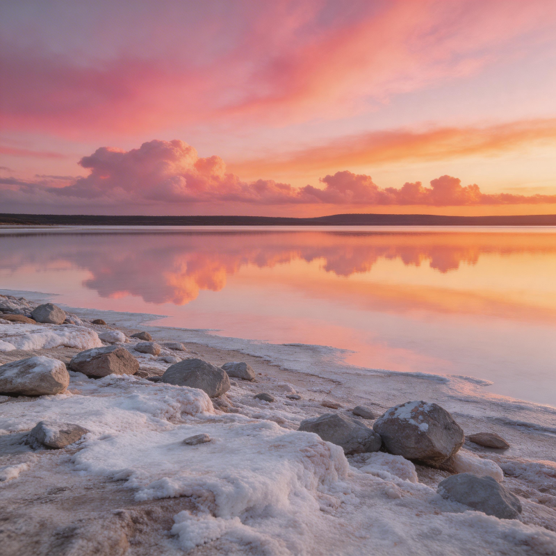 粉霞映湖 冰岸静美图片