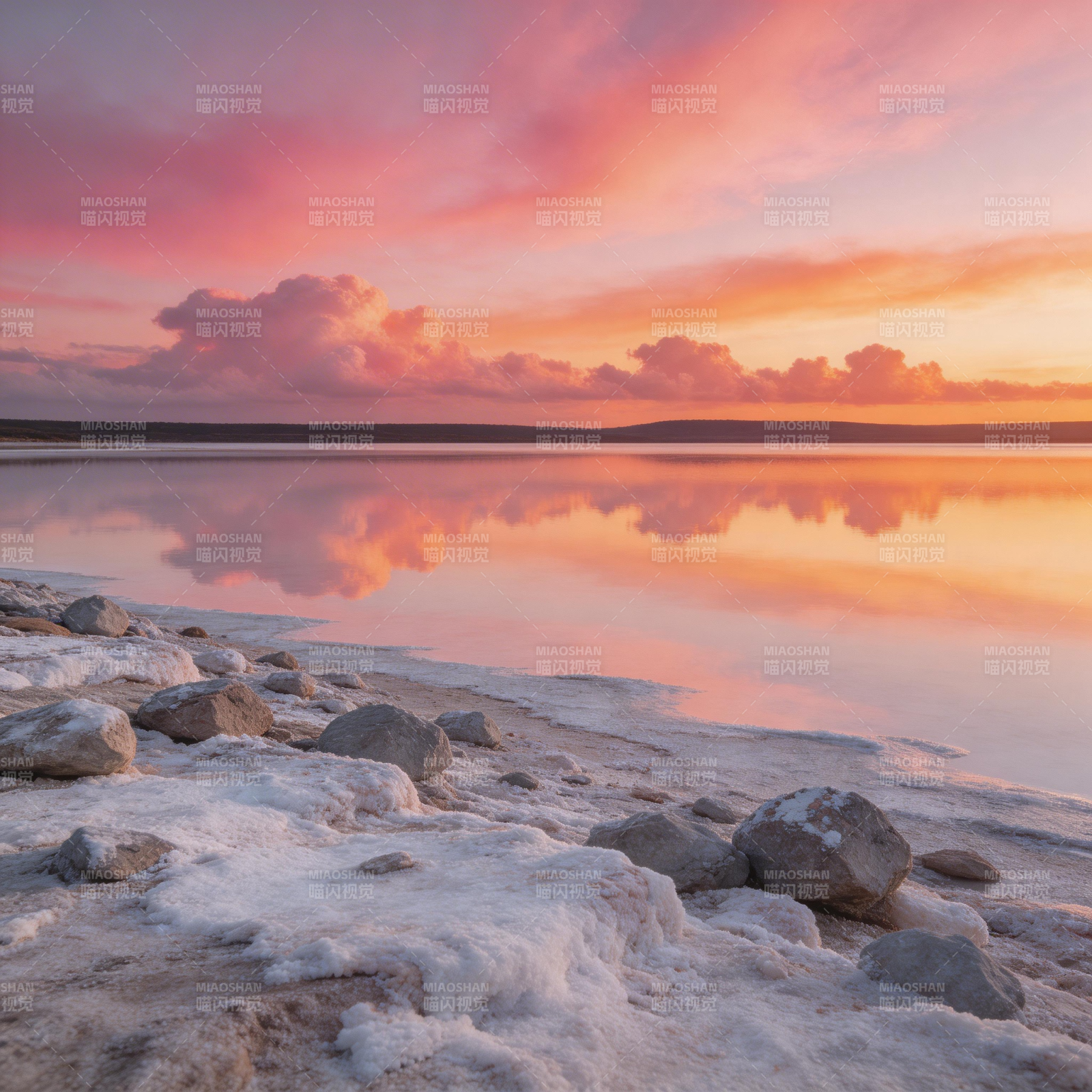 粉霞映湖 冰岸静美图片