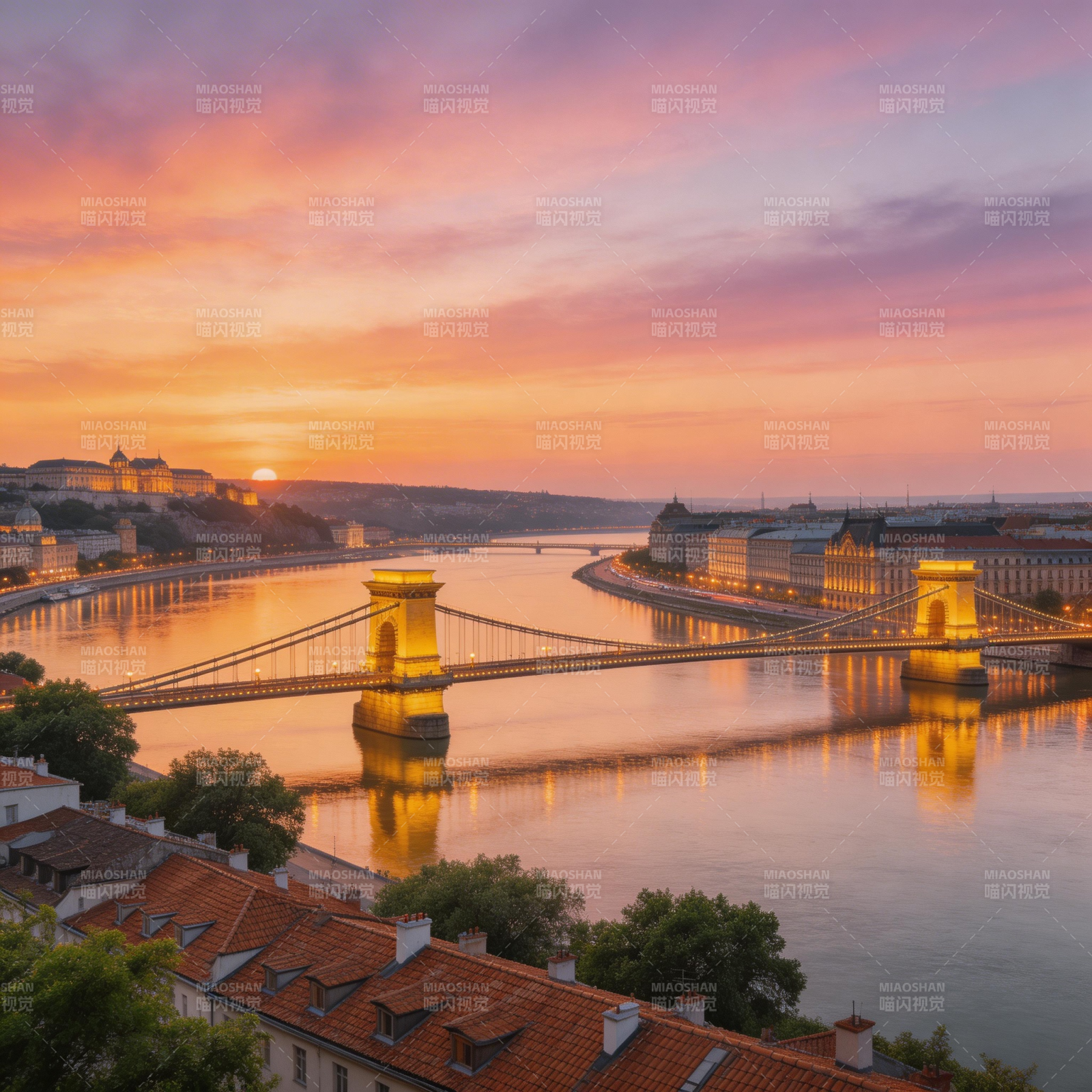 布达佩斯黄昏链桥美景图片