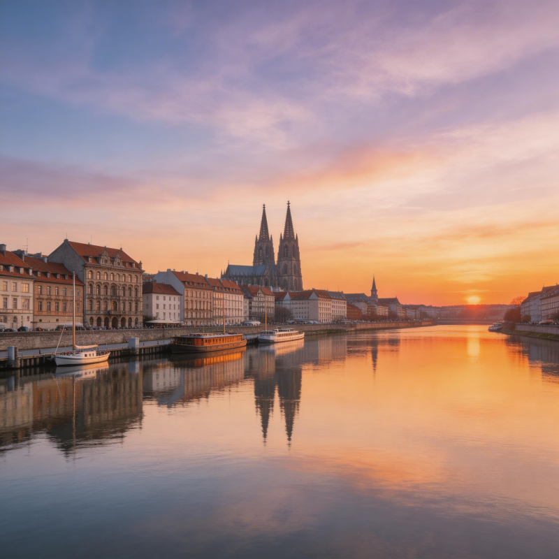 夕阳下的河畔古城倒影图片