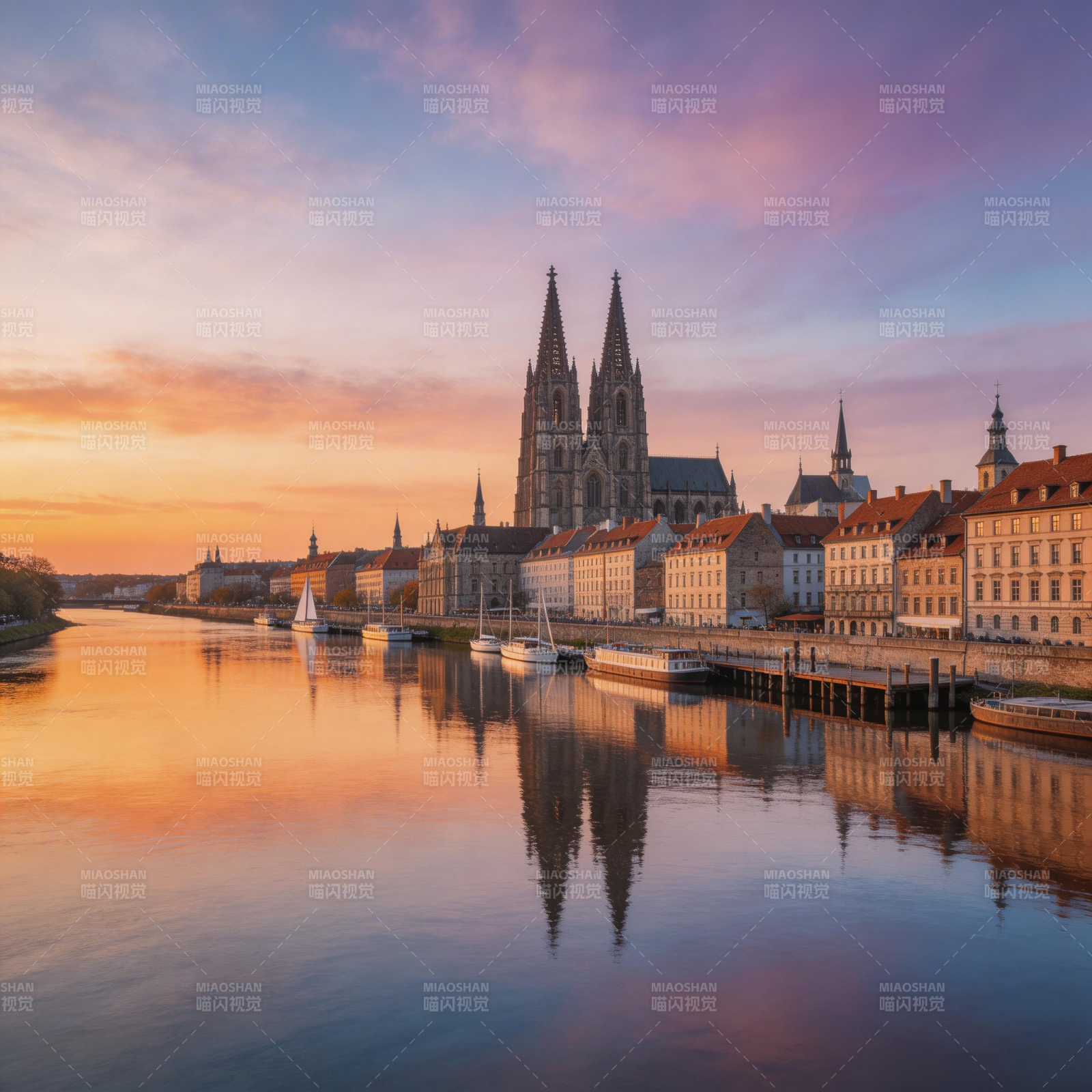 夕阳下的哥特教堂倒影图片