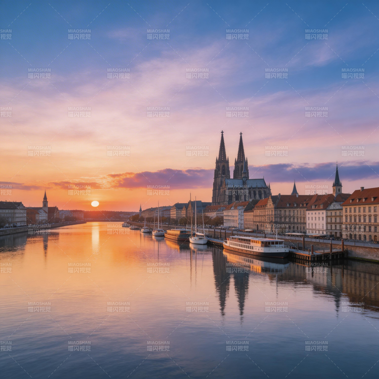 夕阳下的科隆大教堂倒影图片