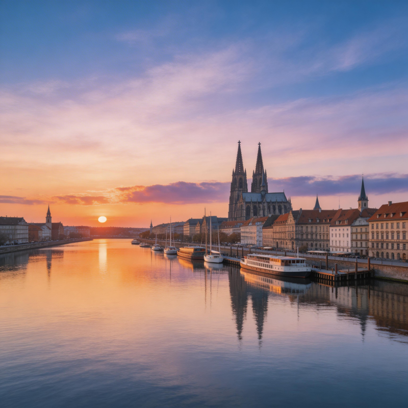 夕阳下的科隆大教堂倒影图片