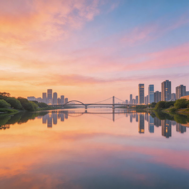 晨曦映城 桥影入水如画图片