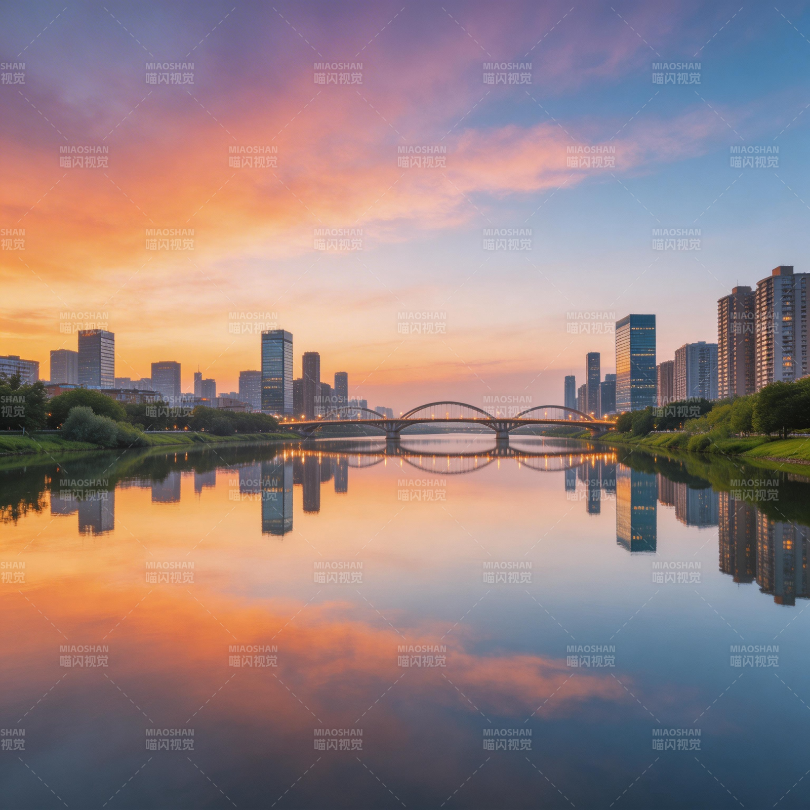 城市黄昏 河桥倒影如画图片