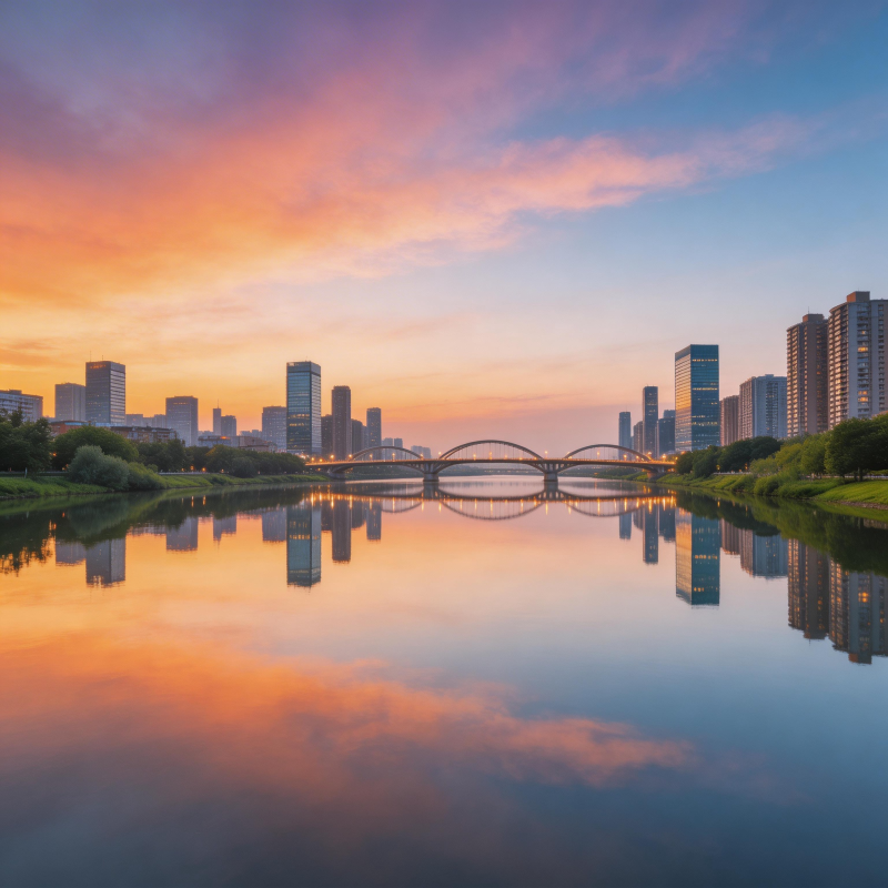 城市黄昏 河桥倒影如画图片