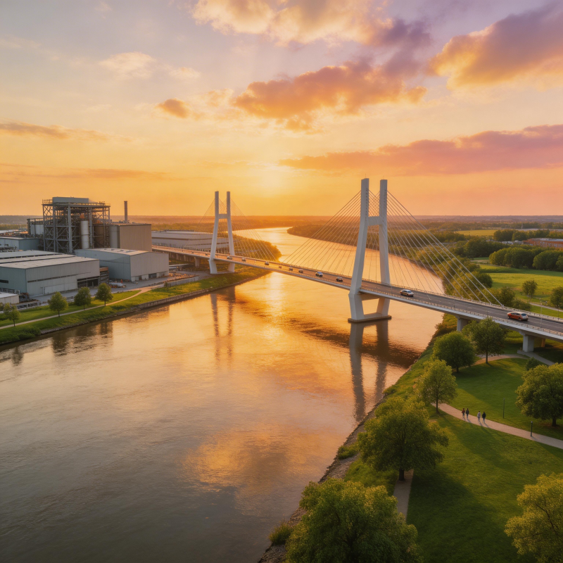 夕阳斜照 桥影映河图片