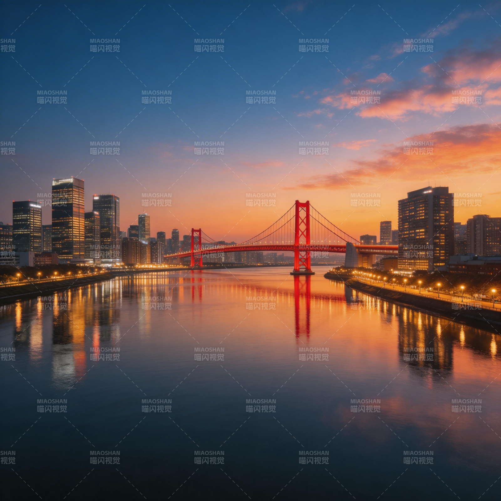 夕阳红桥映城辉图片