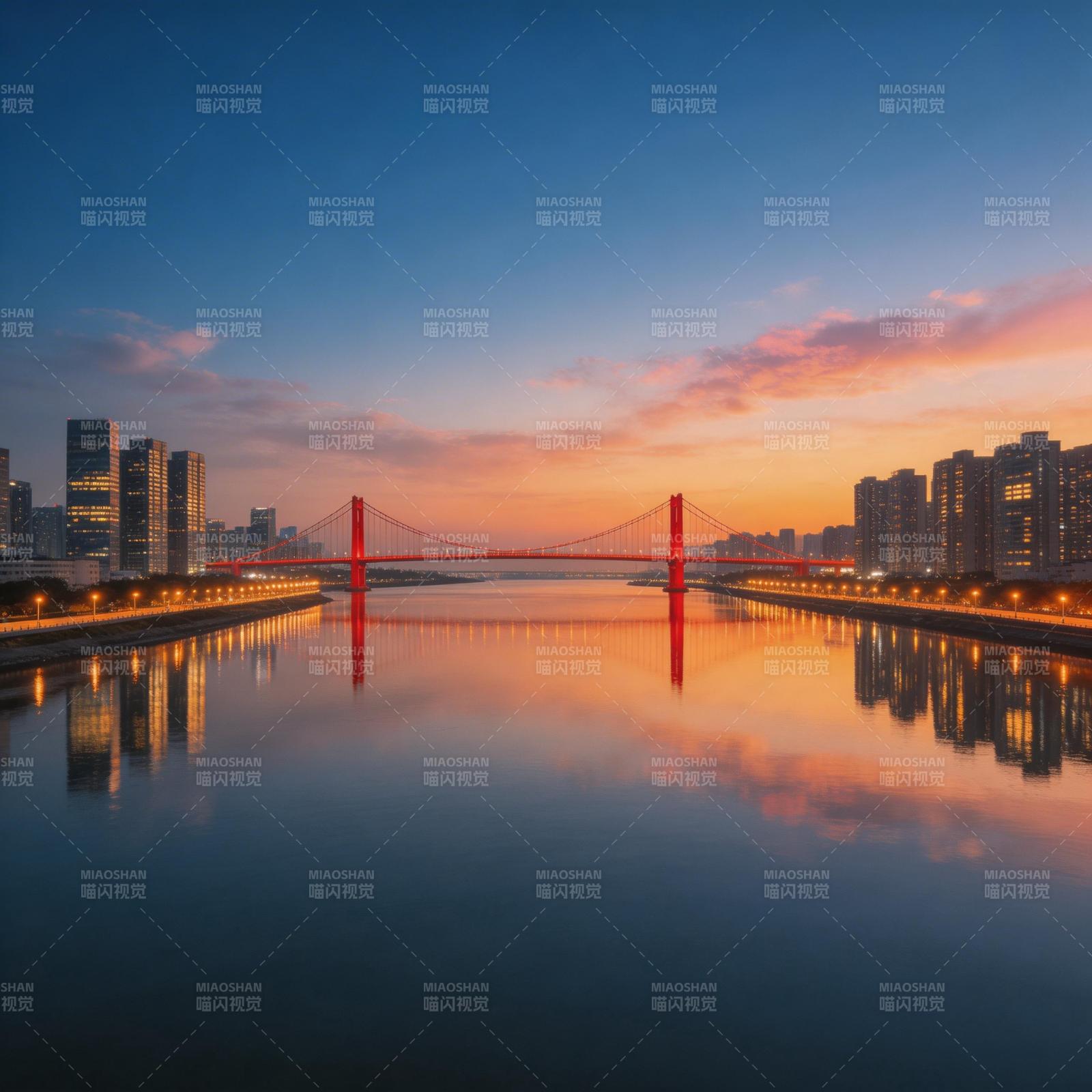 红桥映晚霞 城水共辉煌图片