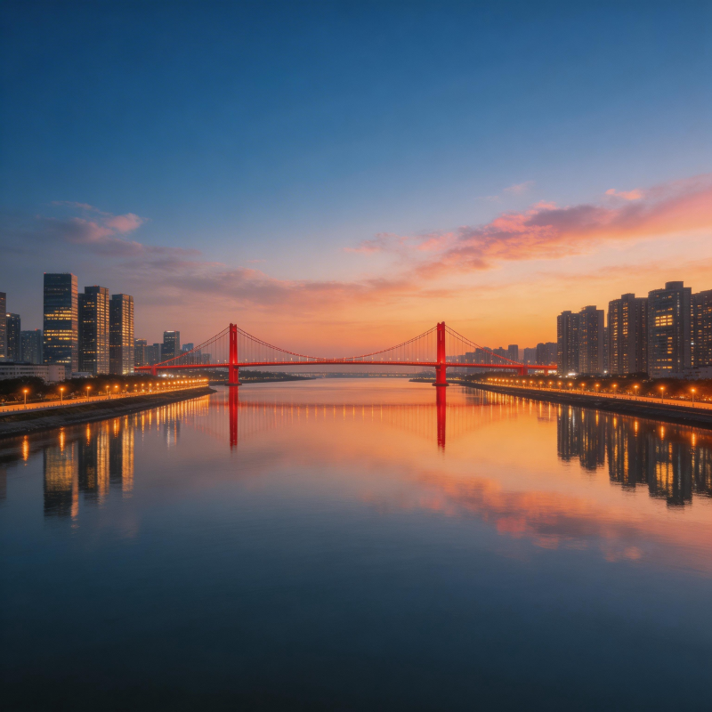 红桥映晚霞 城水共辉煌图片