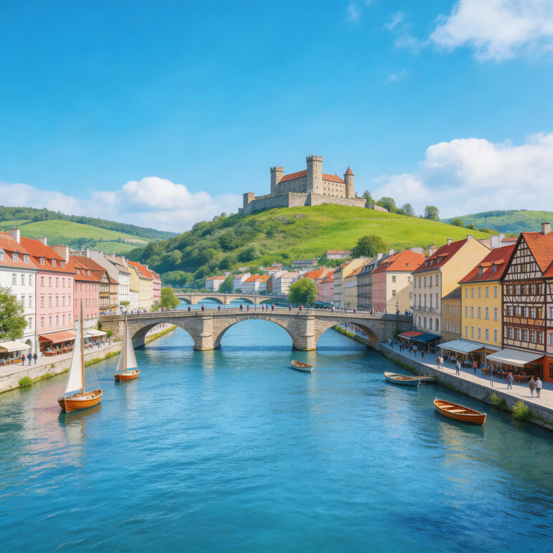 河畔古堡 彩屋映蓝天图片