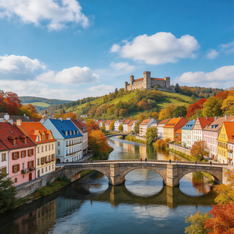 秋色古镇 城堡映河桥图片