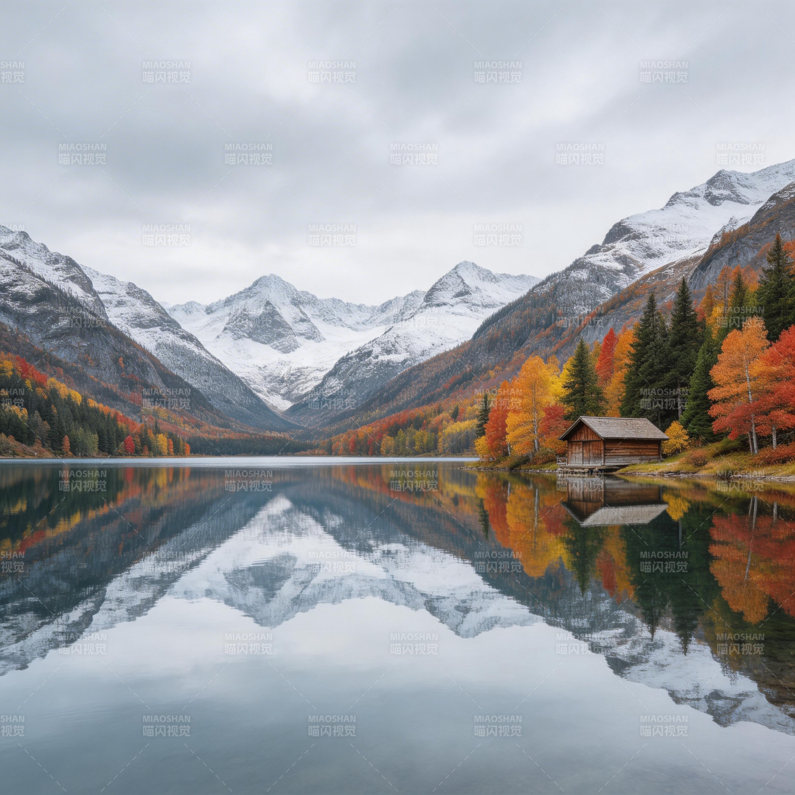 秋湖映雪山 小屋静如画图片
