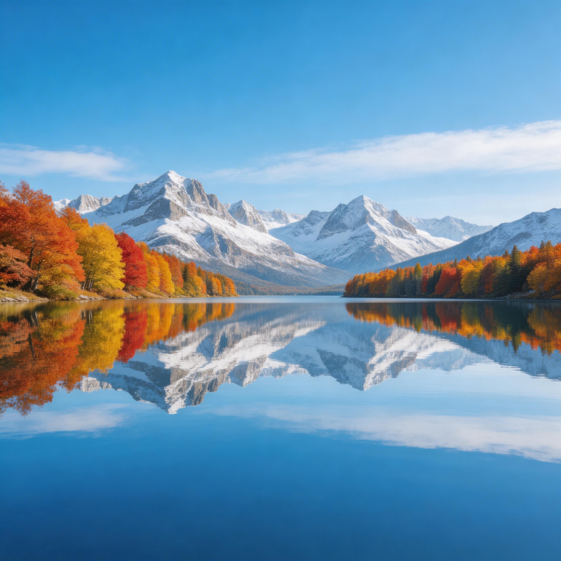 秋山映湖 雪峰倒影如画图片