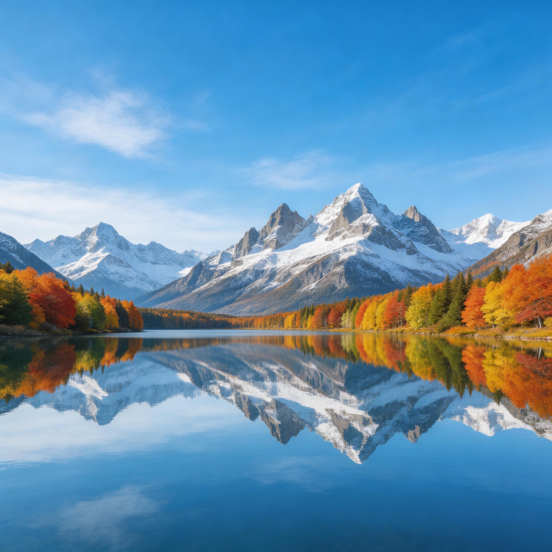 秋山映湖 雪峰倒影如画图片