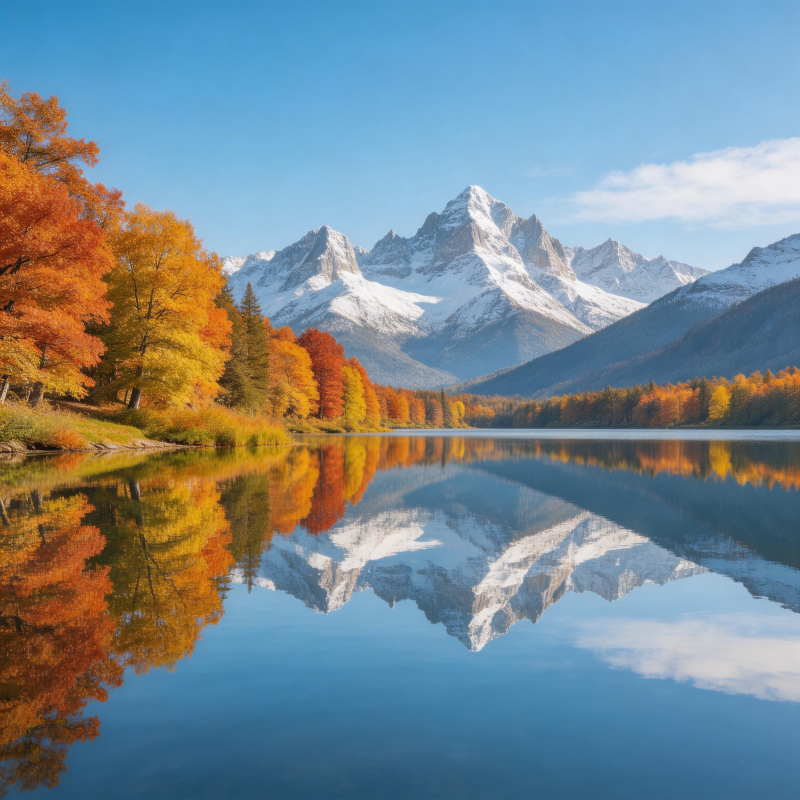 秋湖映雪山 彩林倒影美图片