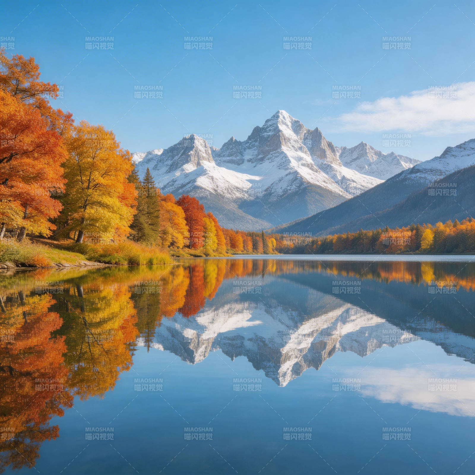 秋湖映雪山 彩林倒影美图片