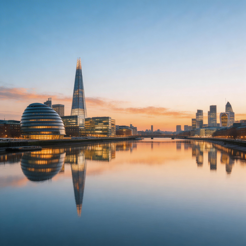 伦敦黄昏 泰晤士河倒影图片