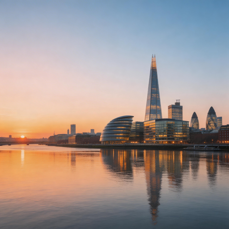 伦敦黄昏 碎片大厦倒影图片