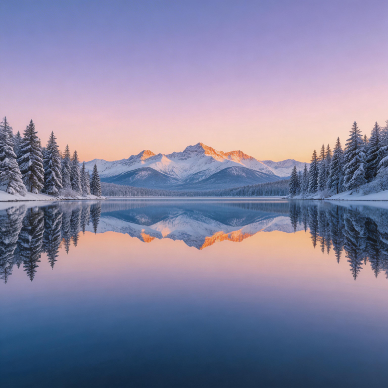 雪湖映山 霞光如镜图片
