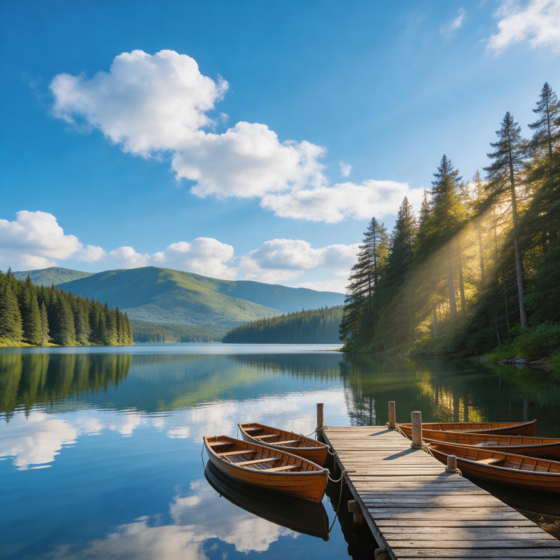 湖光山色 木舟静泊晨光中图片