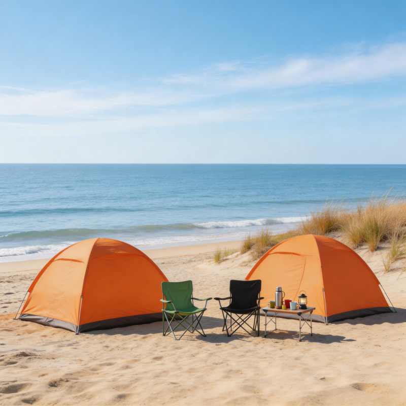 海边双橙帐篷露营景图片