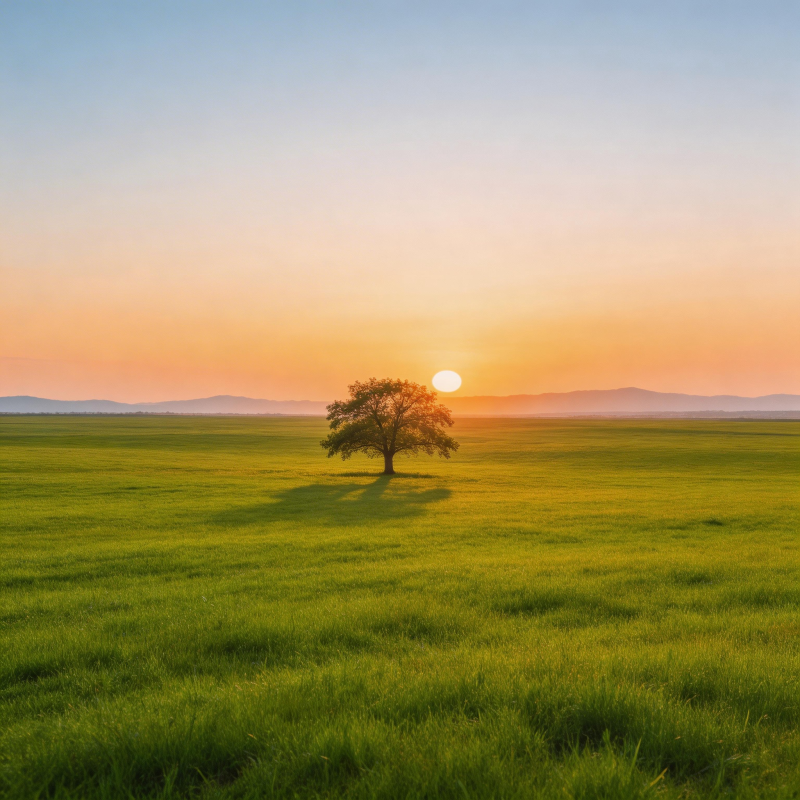夕阳孤树映绿野图片