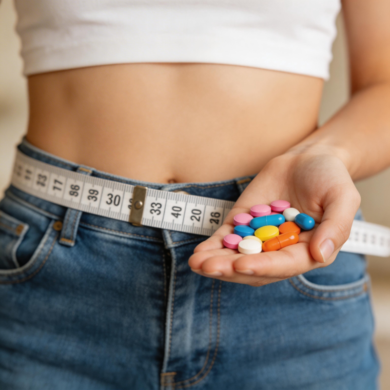 腰围测量与药丸手持特写图片