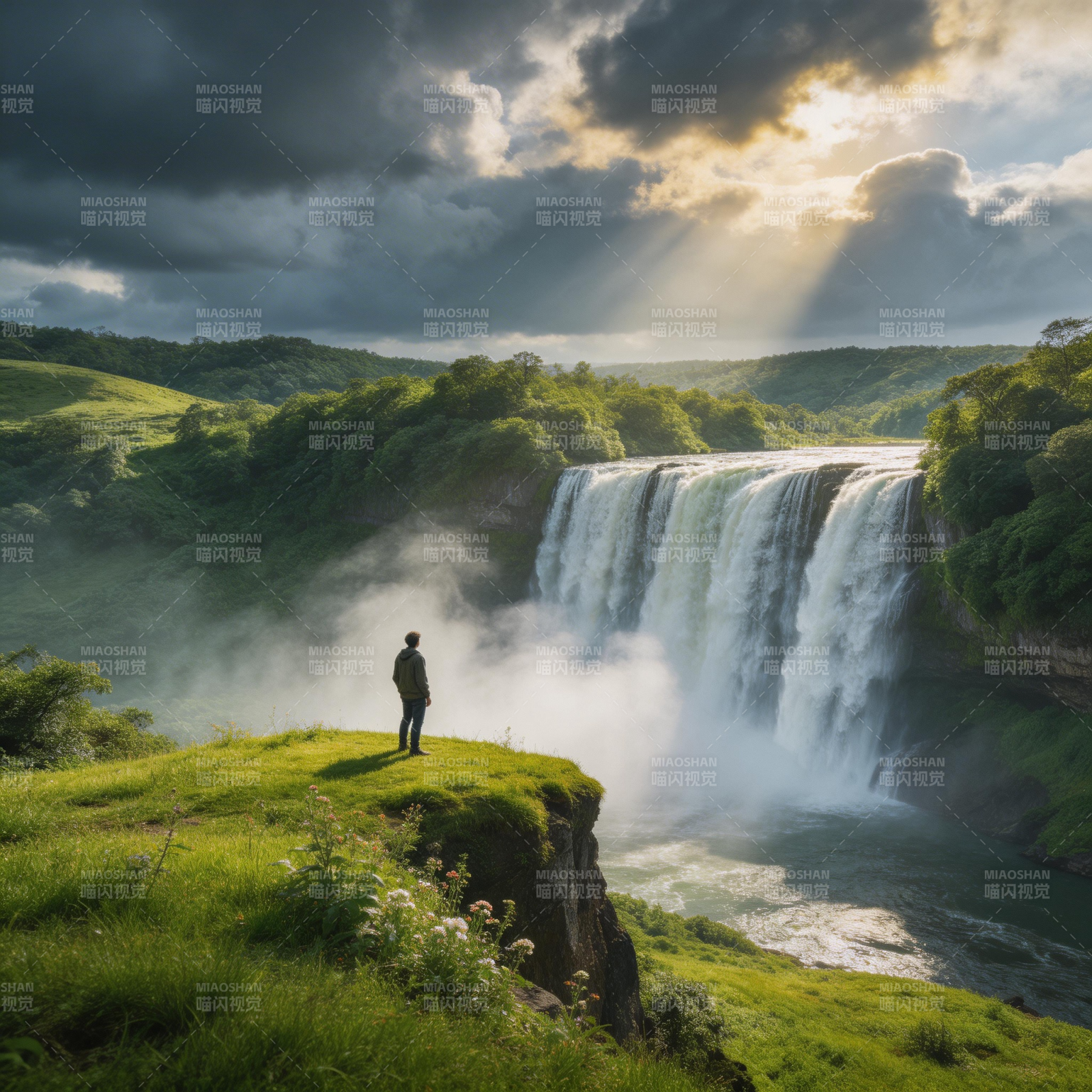 瀑布前 一人独望天光破云图片