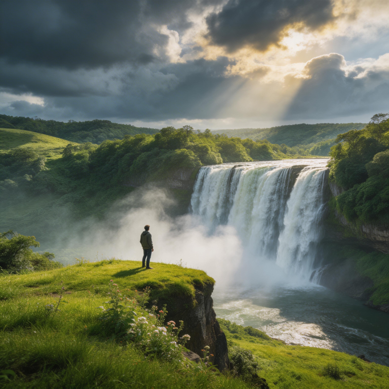 瀑布前 一人独望天光破云图片
