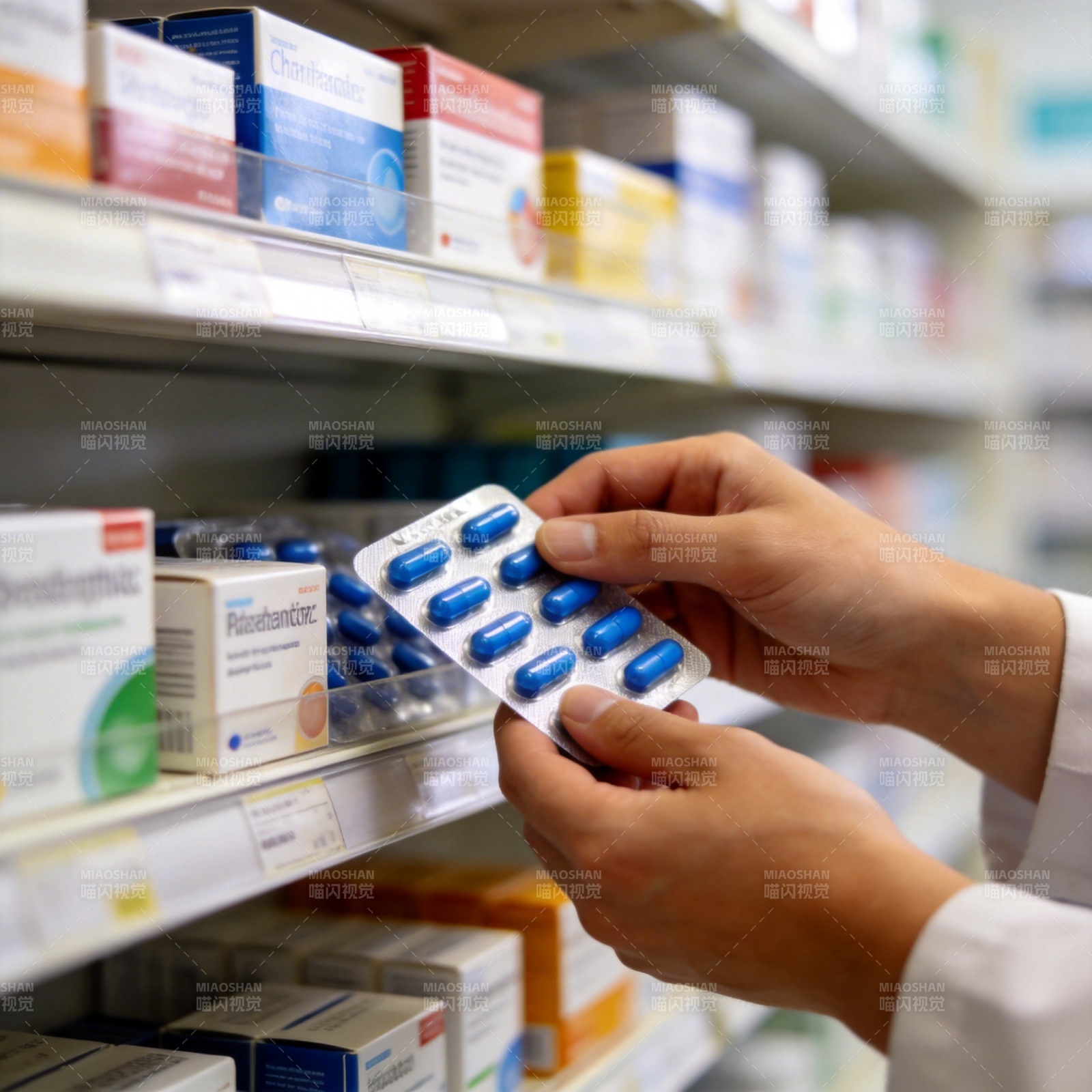 药师取药 蓝胶囊特写图片