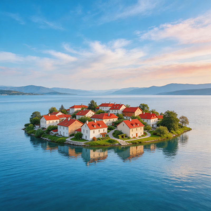 湖心小岛红屋静谧如画图片