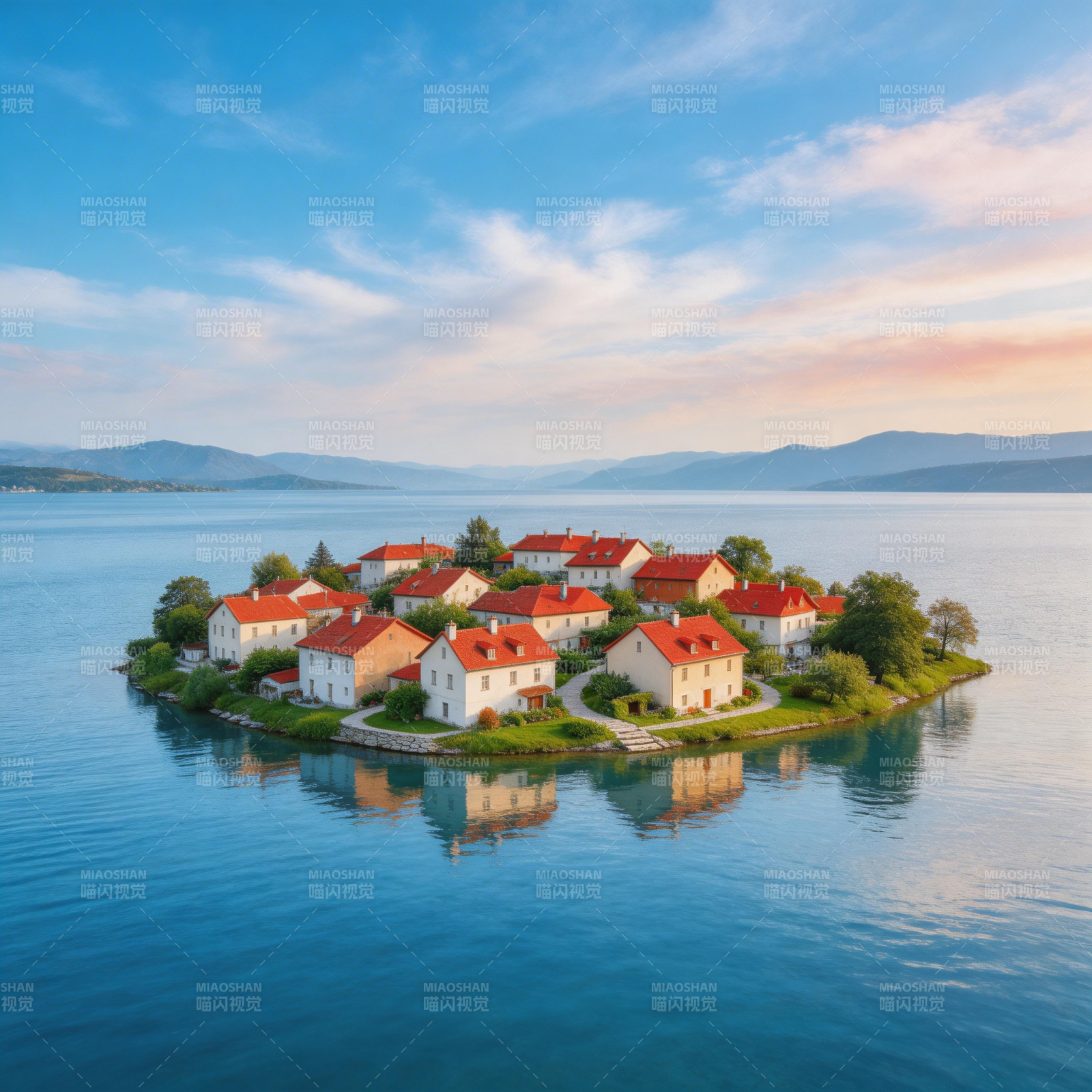 湖心小岛红屋静谧如画图片