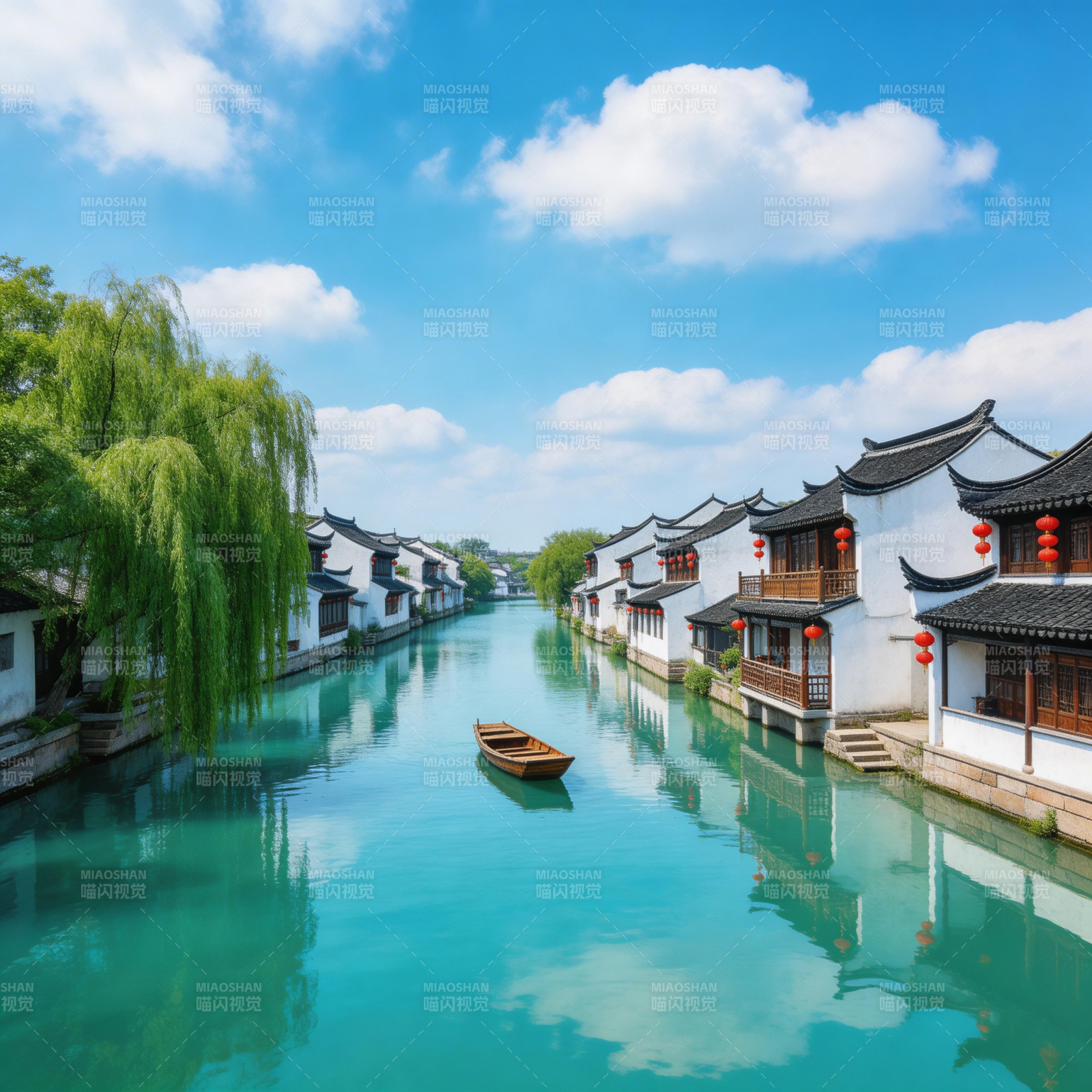 水乡古镇 碧水白墙映蓝天图片