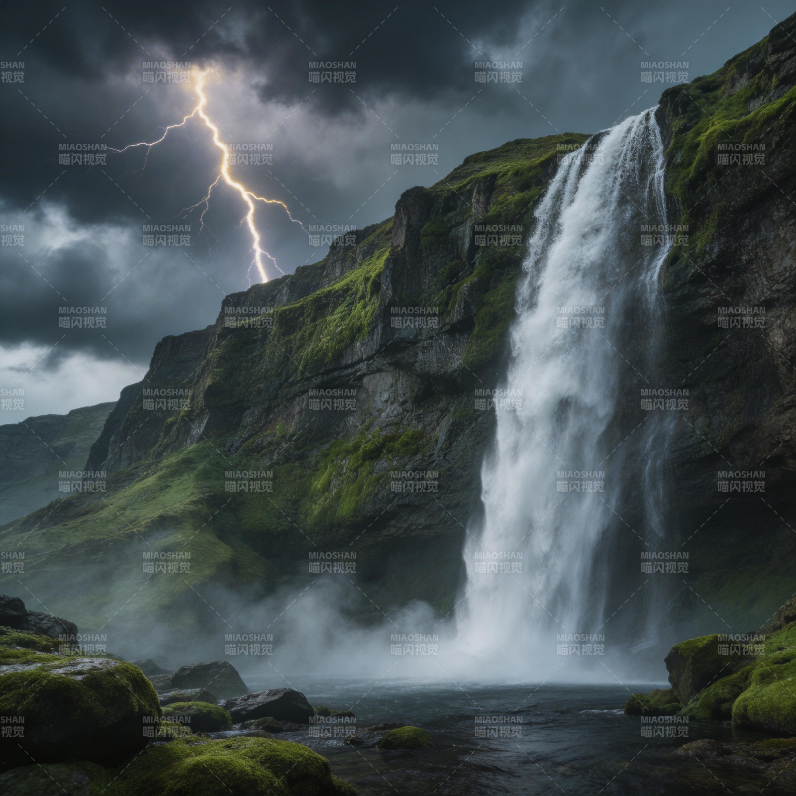雷暴下的瀑布奇观图片